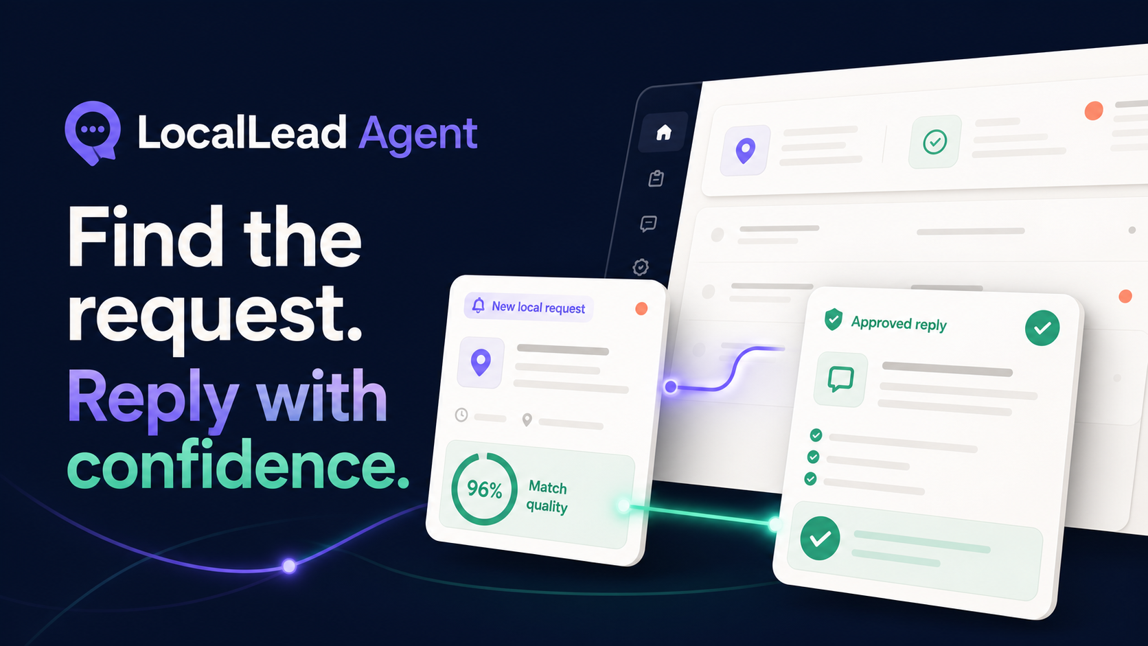 LocalLead Agent product graphic showing an evidence-backed request and approved reply workflow